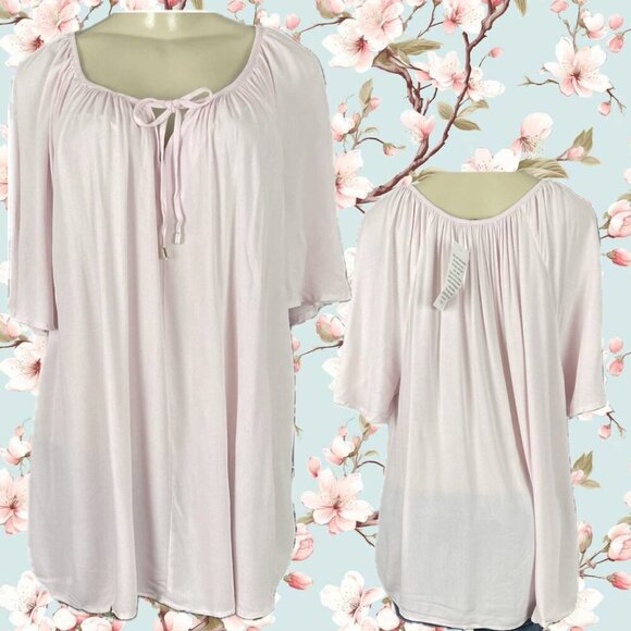 Ellos L-12 Light Pink Scoop Tie Neckline Sheer Rayon Short Flutter Sleeve Blouse - Picture 1 of 5